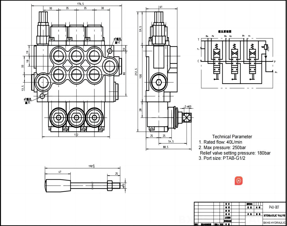 P40 Ruční Šoupátko 3 Monoblockový směrový ventil drawing image