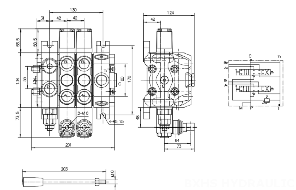 DCV100 Ruční Šoupátko 2 Sekční směrový ventil drawing image