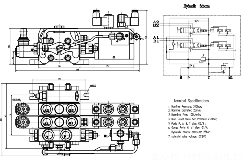 DCV100 Elektrohydraulický Šoupátko 2 Sekční směrový ventil drawing image