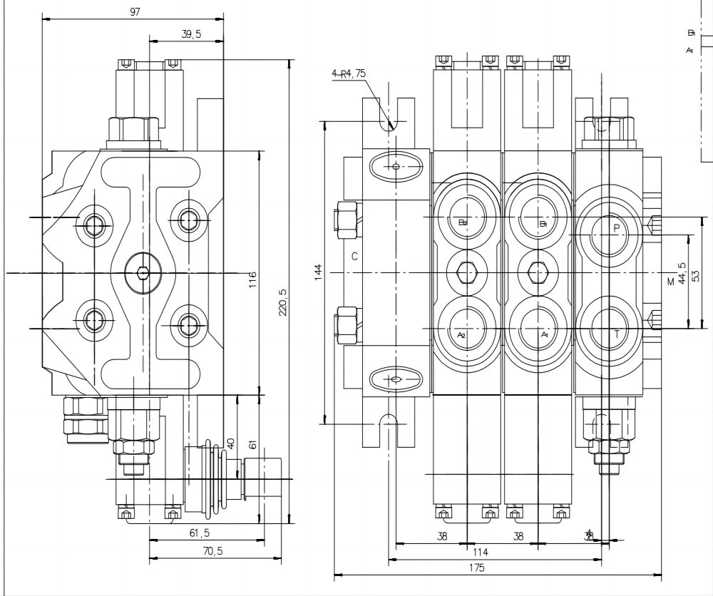 DCV60 Ruční Šoupátko 2 Sekční směrový ventil drawing image