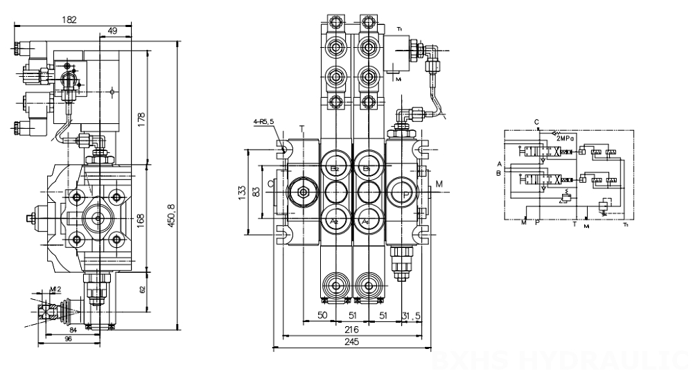 DCV200 Elektrohydraulický Šoupátko 2 Sekční směrový ventil drawing image