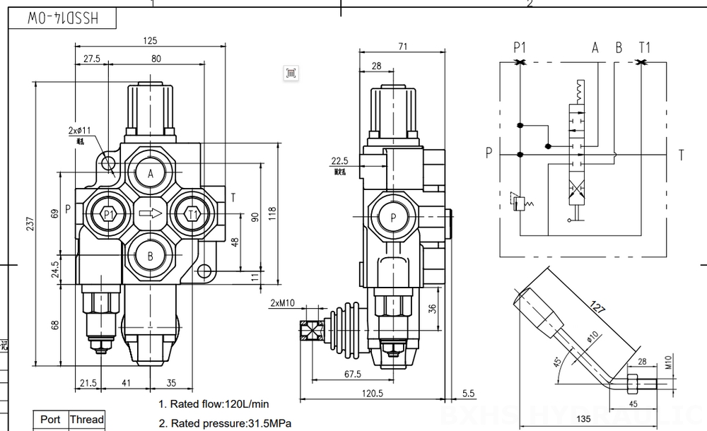 SD14 Ruční Šoupátko 1 Monoblockový směrový ventil drawing image