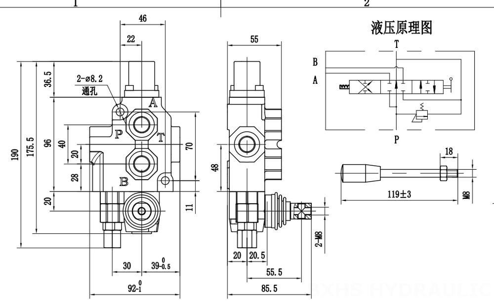 SD4 Ruční Šoupátko 1 Monoblockový směrový ventil drawing image