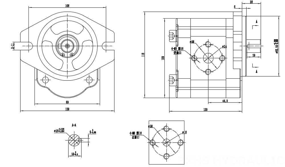 CBHS-FL304 4 cm³/ot. Hydraulické čerpadlo s ozubenými koly drawing image