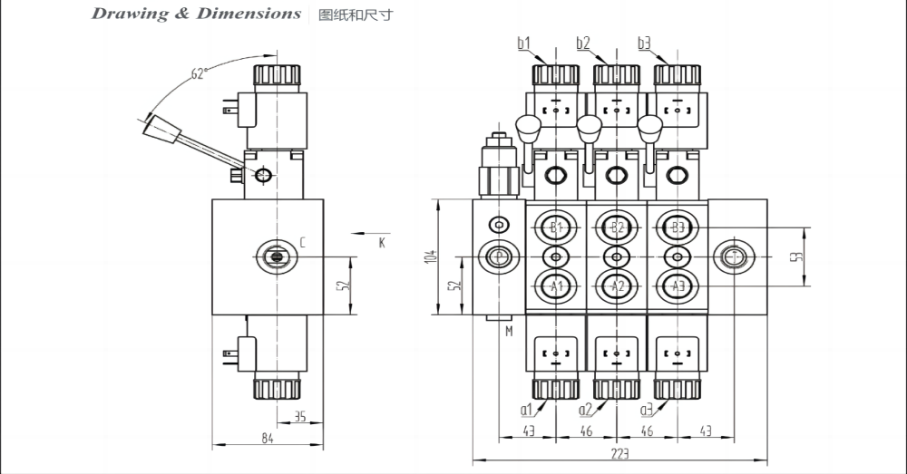 DCV58 Solenoidový a ruční Šoupátko 3 Sekční směrový ventil drawing image