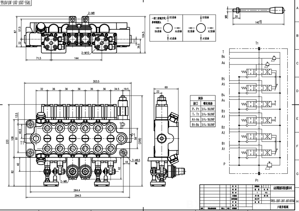 TR55 Ruční a joystick Šoupátko 6 Monoblockový směrový ventil drawing image