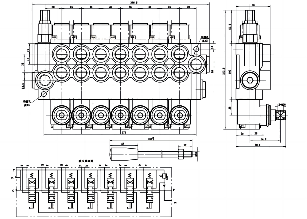 P40-G12-7OT Ruční Šoupátko 7 Monoblockový směrový ventil drawing image