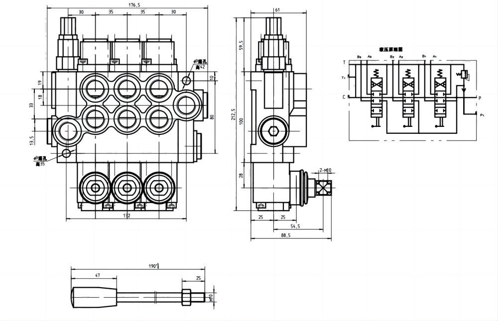 P40-G12-G38-3OT Ruční Šoupátko 3 Monoblockový směrový ventil drawing image