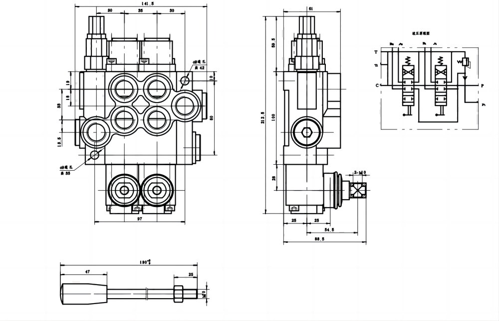 P40-DKL Ruční Šoupátko 2 Monoblockový směrový ventil drawing image