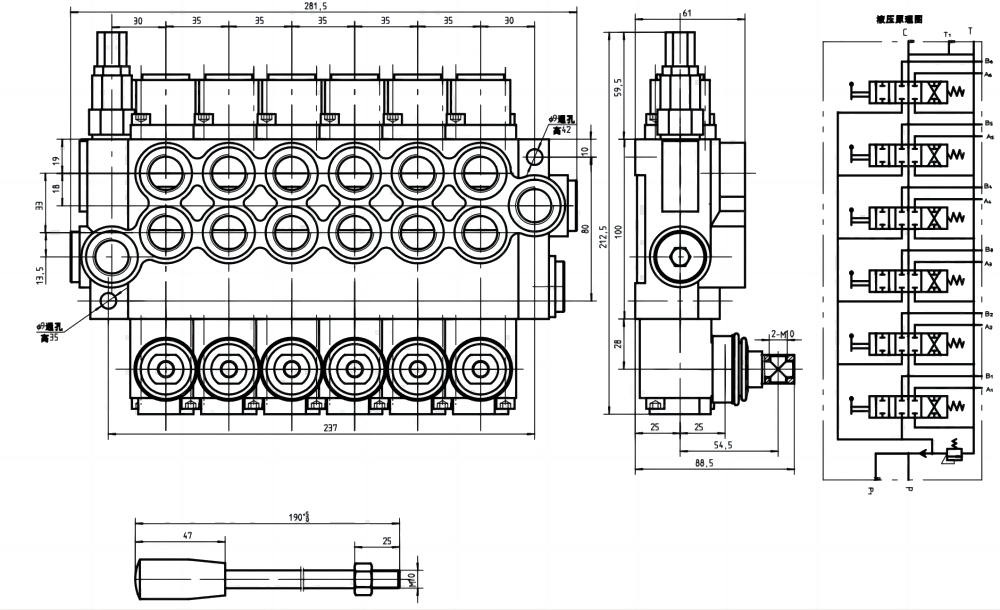 P40-U34 Ruční Šoupátko 6 Monoblockový směrový ventil drawing image