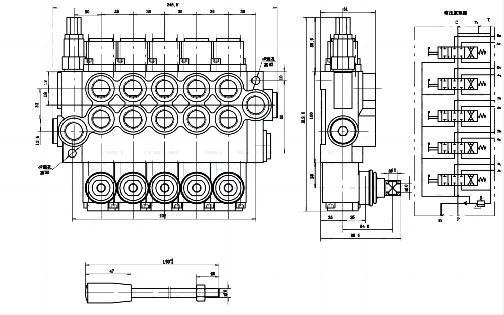 P40-U78 Ruční Šoupátko 5 Monoblockový směrový ventil drawing image