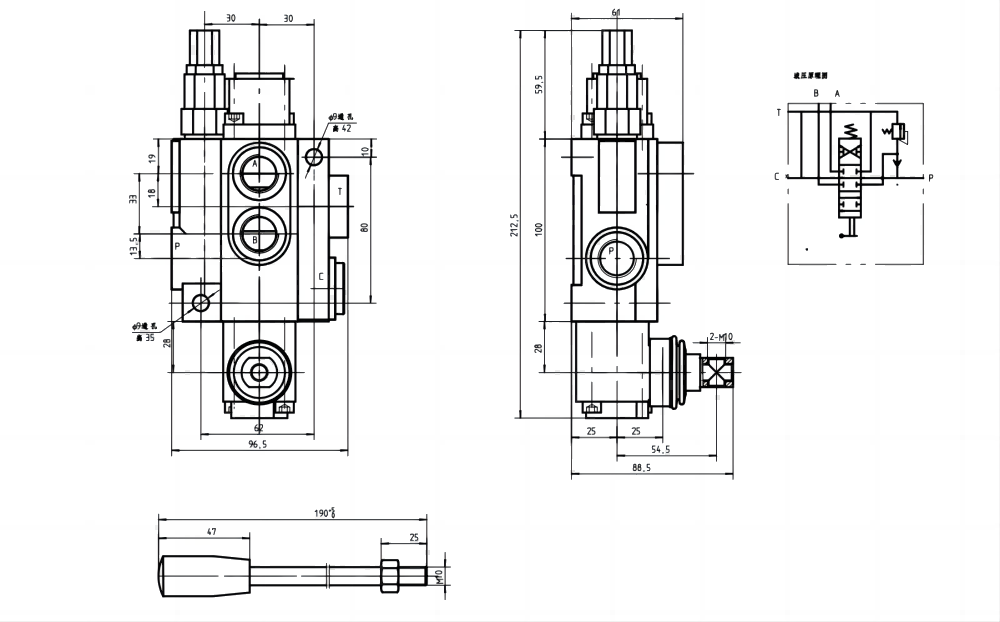 P40-G38 Ruční Šoupátko 1 Monoblockový směrový ventil drawing image