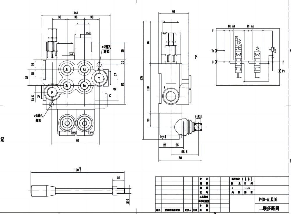 P40-AQF-G38-G12 Ruční Šoupátko 2 Monoblockový směrový ventil drawing image