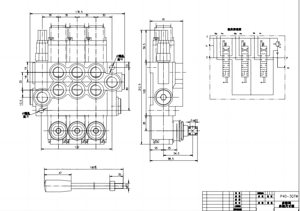 P40-G12-G38-3QTW Ruční Šoupátko 3 Monoblockový směrový ventil drawing image