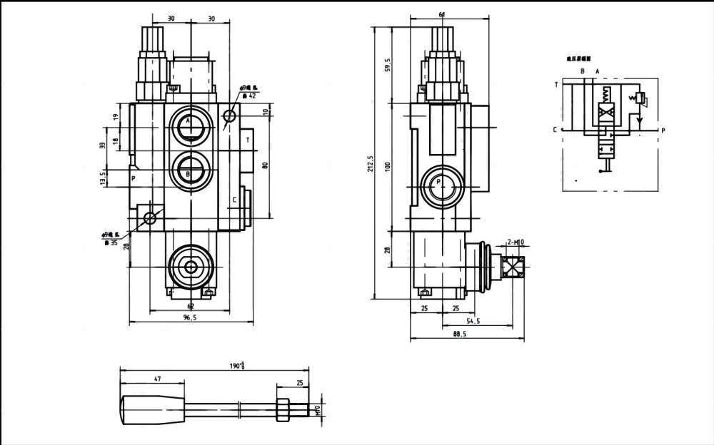 P40-G12-YW Ruční Šoupátko 1 Monoblockový směrový ventil drawing image