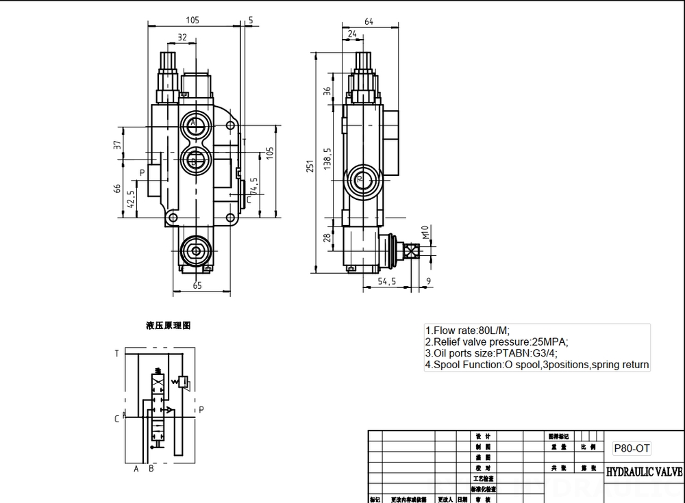 P80-G12-G34 Ruční Šoupátko 1 Monoblockový směrový ventil drawing image