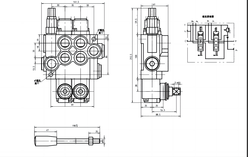 P40-U78-U34-OT-YW Ruční Šoupátko 2 Monoblockový směrový ventil drawing image