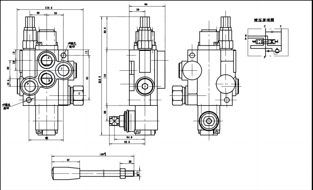 P40J Ruční Šoupátko 1 Monoblockový směrový ventil drawing image