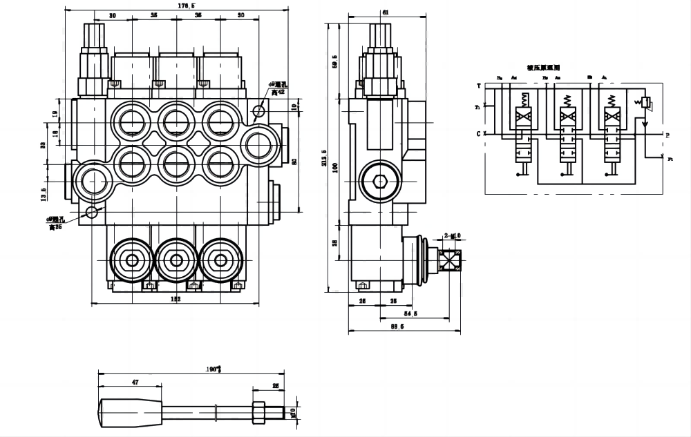 P40-U78-U34-2OT-YW Ruční Šoupátko 3 Monoblockový směrový ventil drawing image