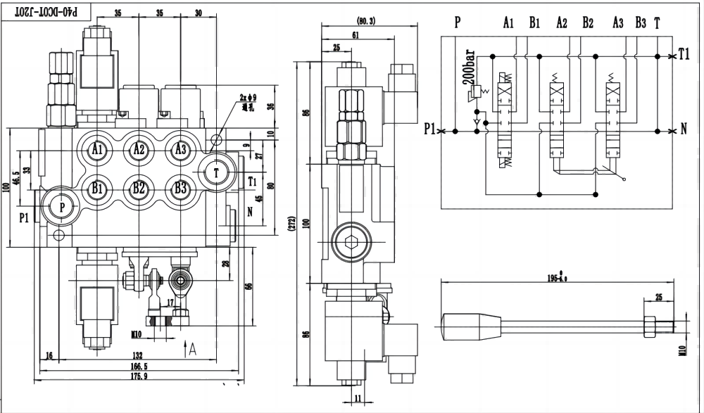 P40 Solenoidový a joystick Šoupátko 3 Monoblockový směrový ventil drawing image