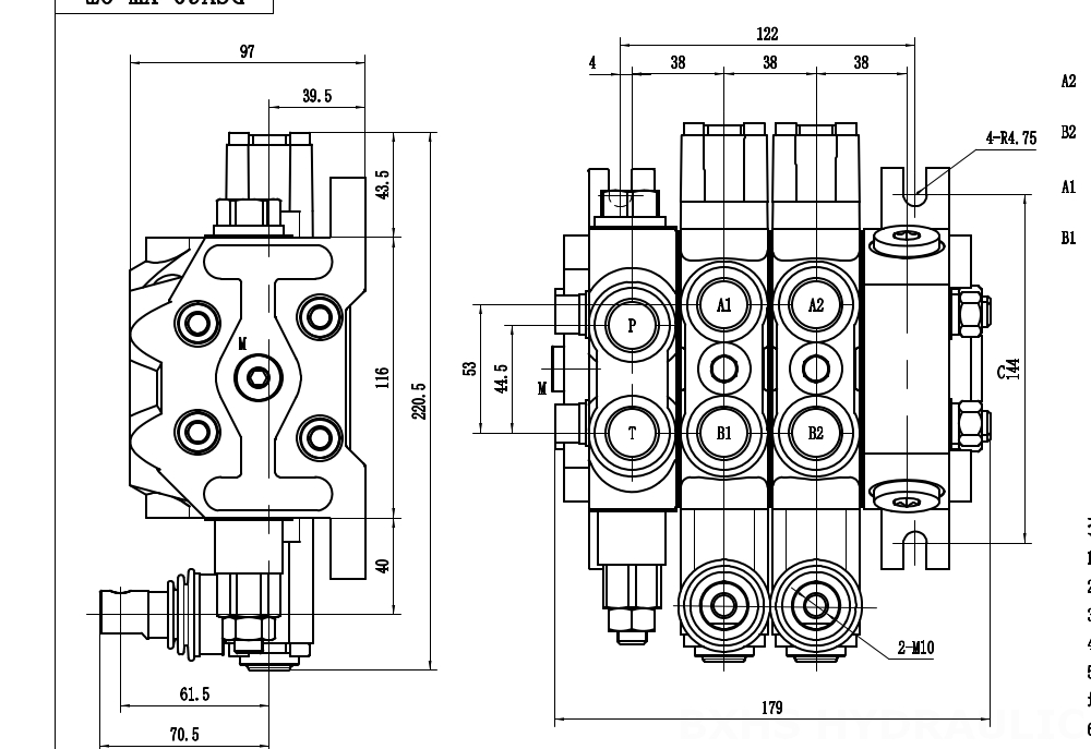 DCV60-Double control Ruční Šoupátko 2 Sekční směrový ventil drawing image