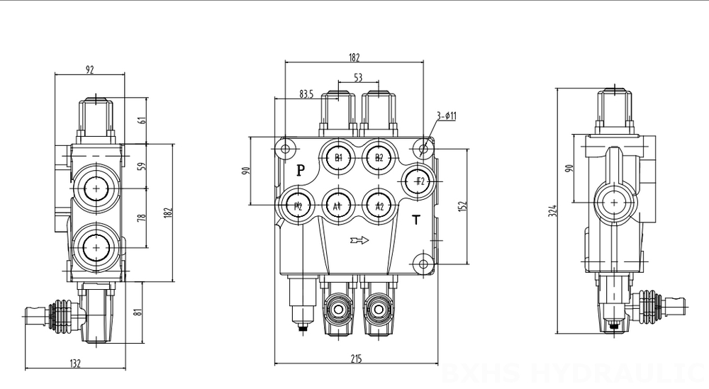 P120-G34-G1-OT Ruční Šoupátko 2 Monoblockový směrový ventil drawing image