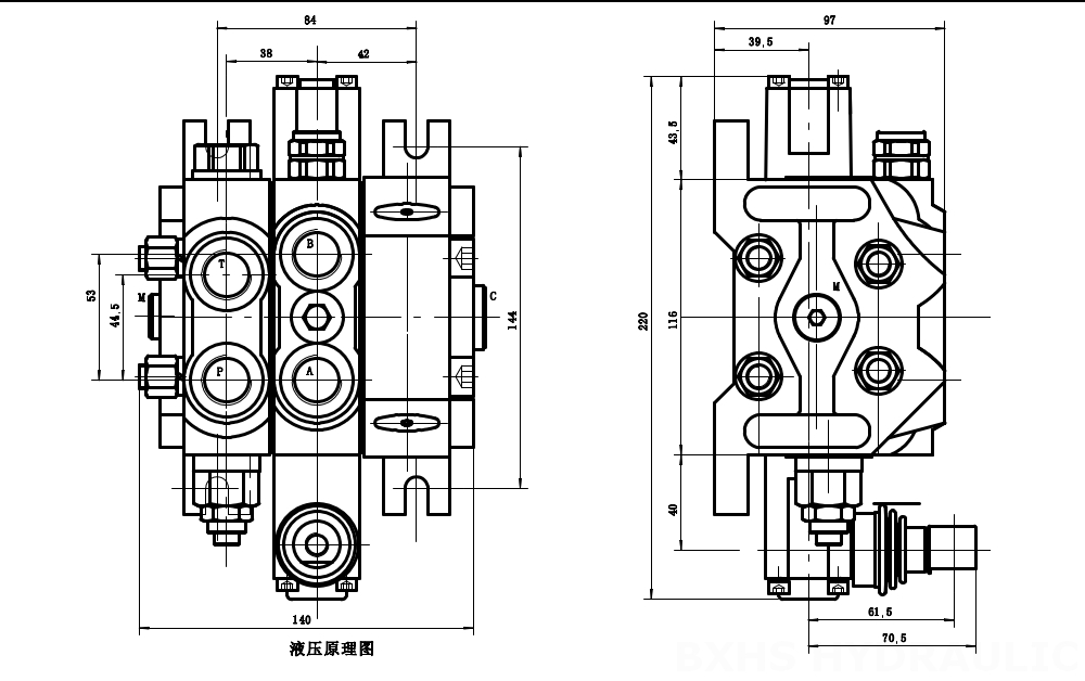 DCV60-G34 Hydraulický Šoupátko 1 Sekční směrový ventil drawing image