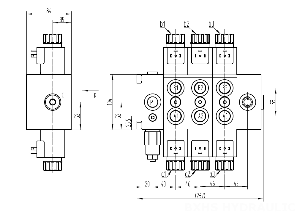 DCV58 Solenoidový Šoupátko 3 Sekční směrový ventil drawing image