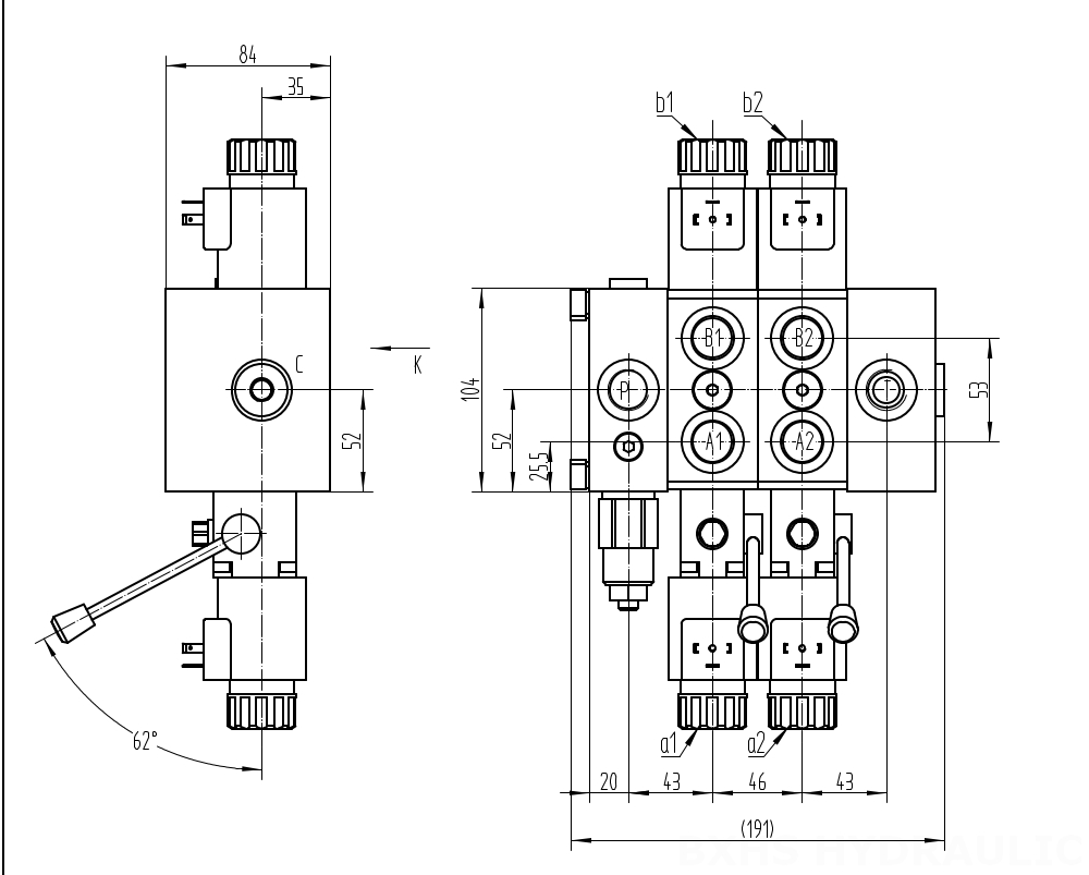 DCV58 Solenoidový Šoupátko 2 Sekční směrový ventil drawing image