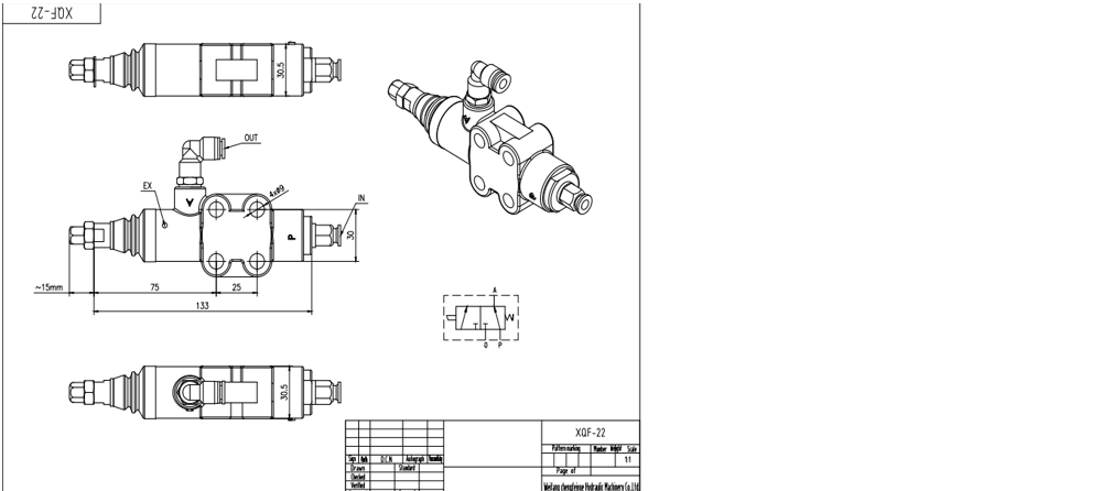 XQF-22A Pneumatický Šoupátko 1 Monoblockový směrový ventil drawing image