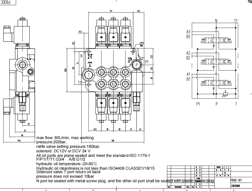 P80 Solenoidový Šoupátko 3 Monoblockový směrový ventil drawing image