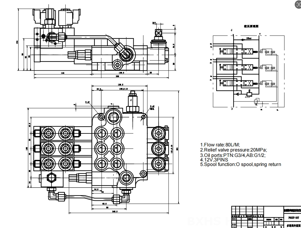 P80 Elektrohydraulický Šoupátko 3 Monoblockový směrový ventil drawing image