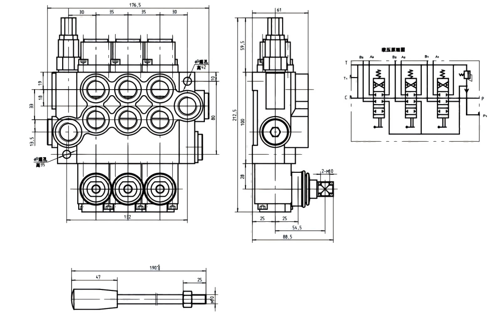 P40-G12 Ruční Šoupátko 3 Monoblockový směrový ventil drawing image