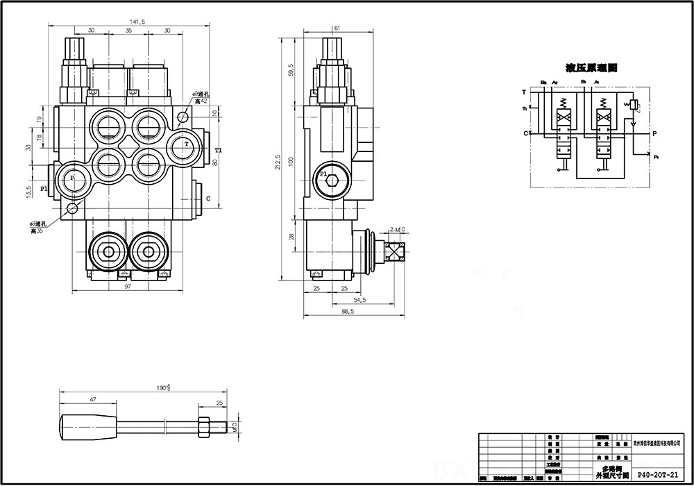 P40A Ruční Šoupátko 2 Monoblockový směrový ventil drawing image