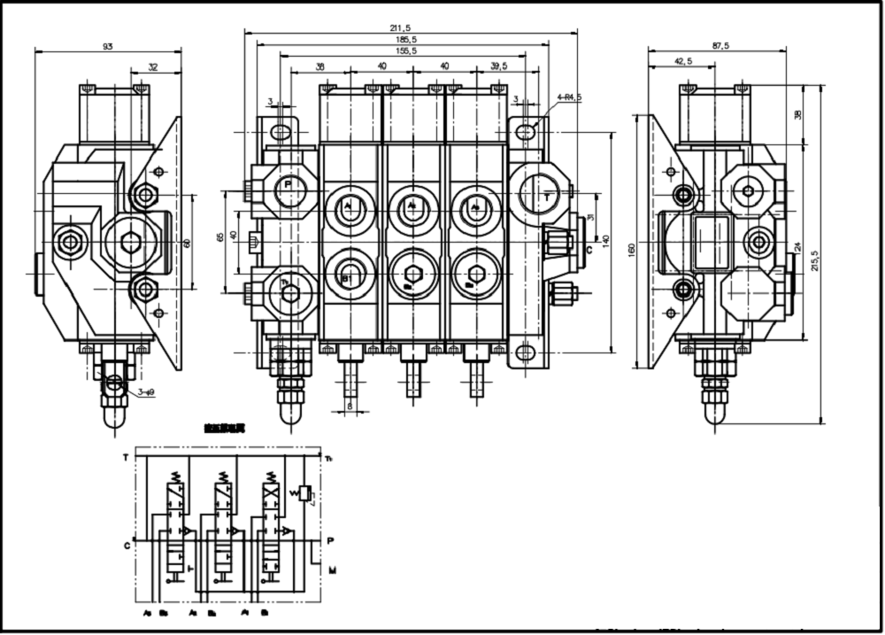 HSDS15 Ruční Šoupátko 3 Monoblockový směrový ventil drawing image