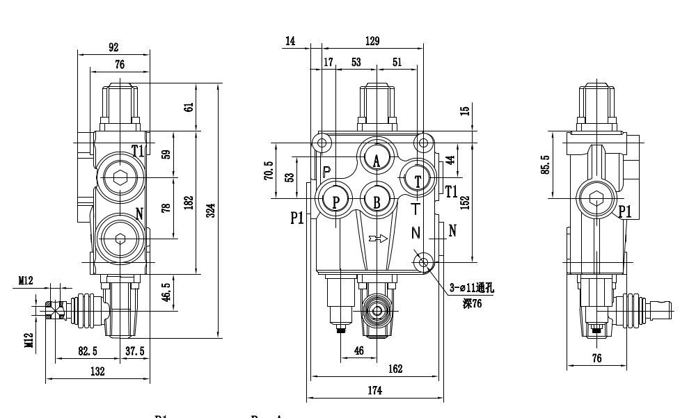 P120-G1-OT Ruční Šoupátko 1 Monoblockový směrový ventil drawing image