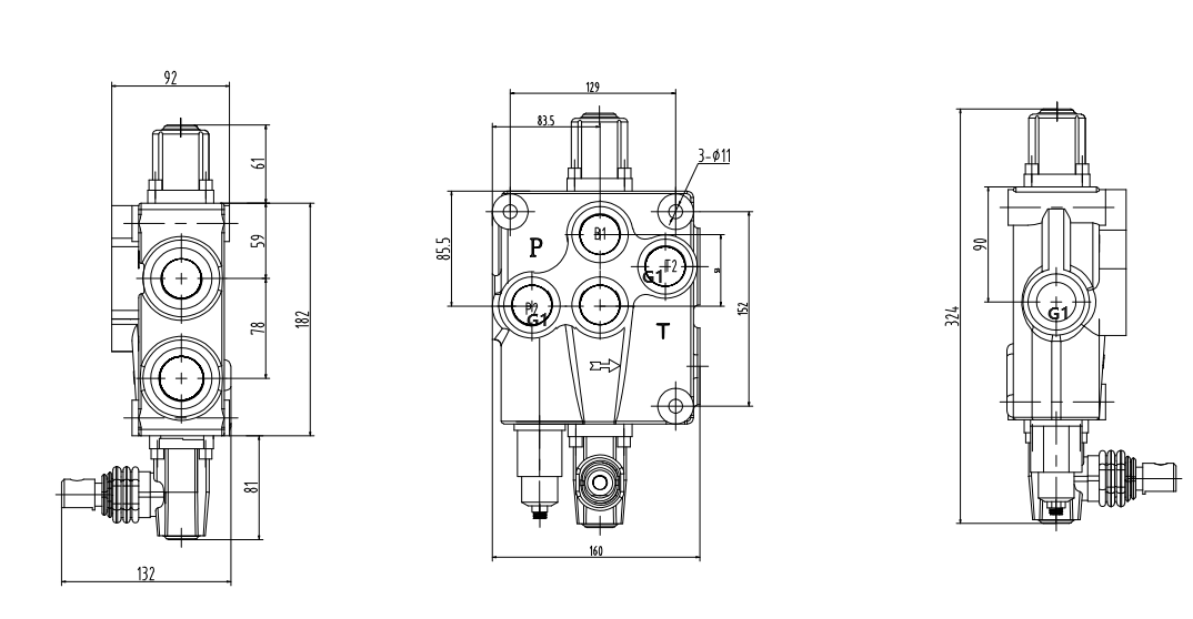 P120-G1 Ruční Šoupátko 1 Monoblockový směrový ventil drawing image