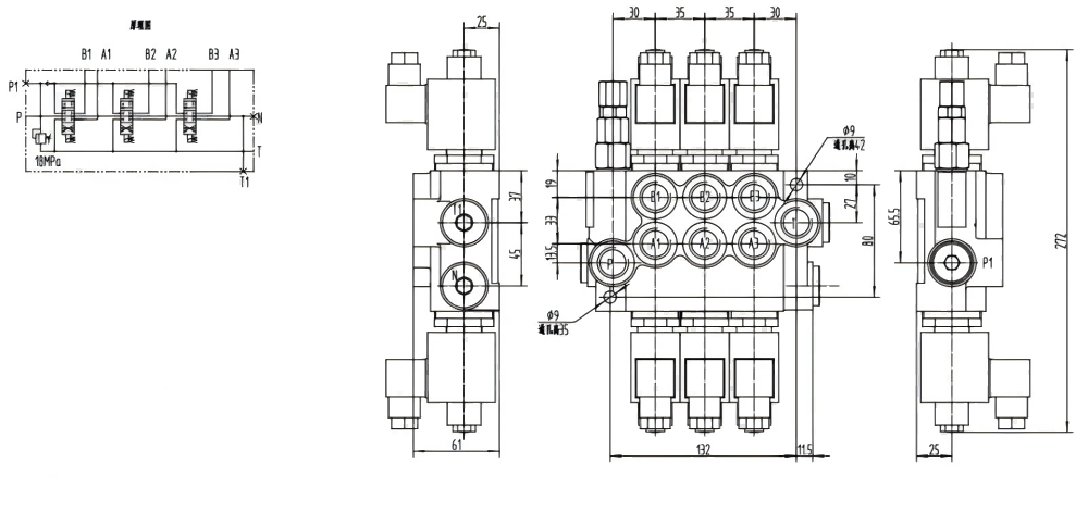 P40-DKL Solenoidový Šoupátko 3 Monoblockový směrový ventil drawing image