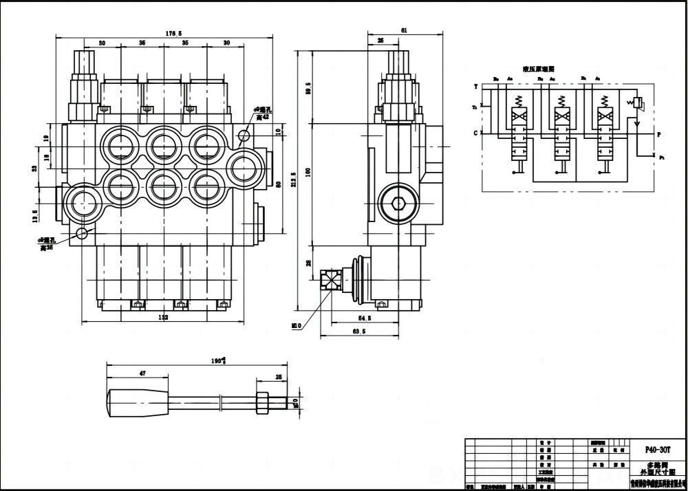 P40-G12-G38 Ruční Šoupátko 3 Monoblockový směrový ventil drawing image