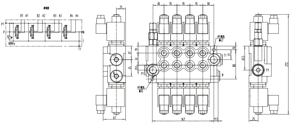 P40-DKL Solenoidový Šoupátko 4 Monoblockový směrový ventil drawing image