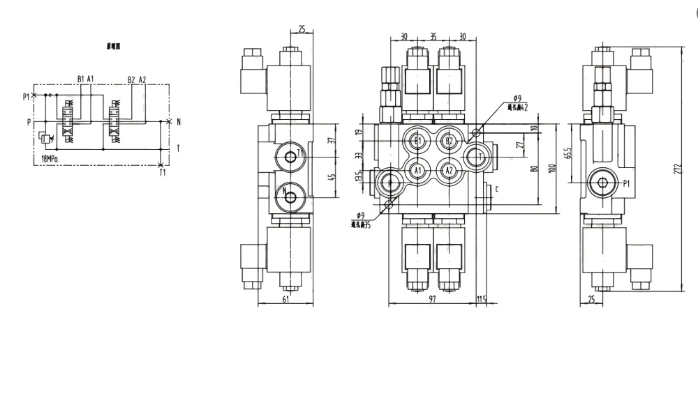 P40-DKL Solenoidový Šoupátko 2 Monoblockový směrový ventil drawing image