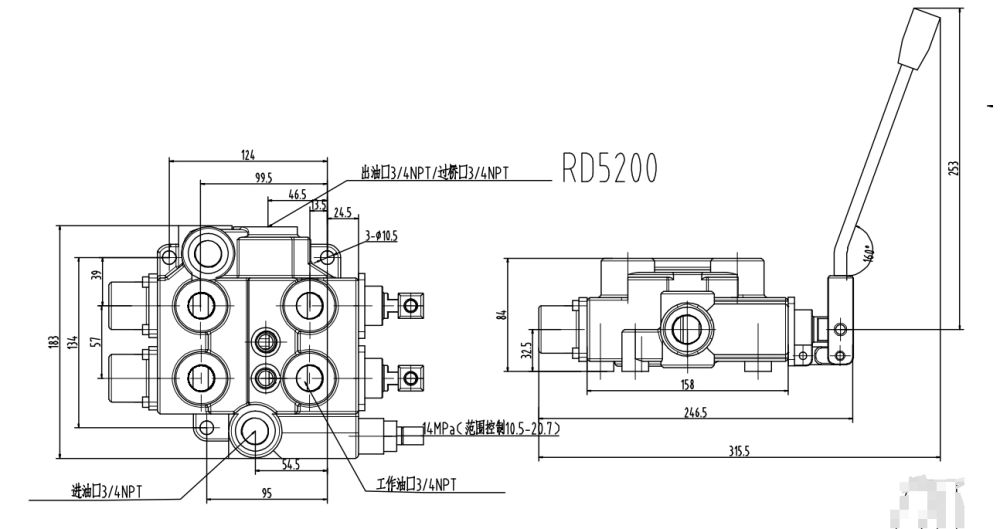 RD5200-H Ruční Šoupátko 2 Hydraulický regulační ventil drawing image