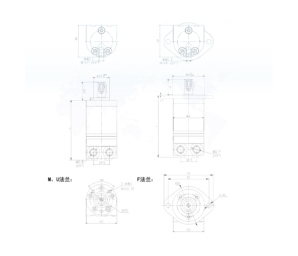 BMM_Cycloid Hydraulic Motor 8 cm³/ot. 14 l/min Hydraulický motor drawing image