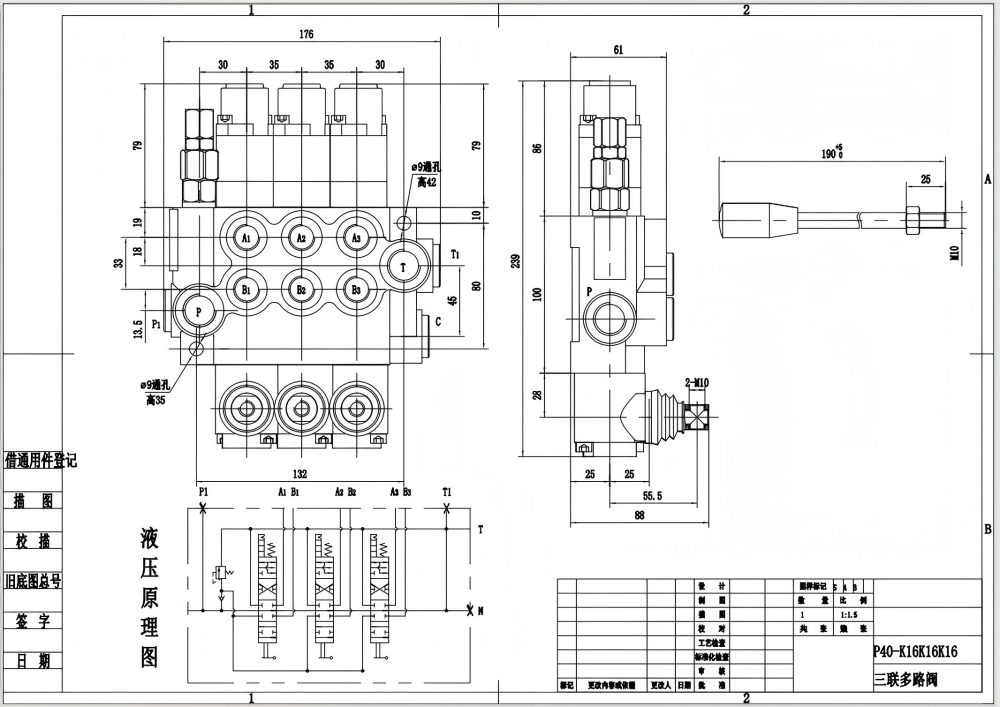 P40-G12-G38-3QTW1 Ruční Šoupátko 3 Monoblokový směrový ventil drawing image