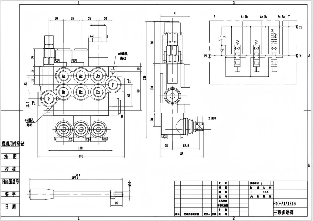 P40-G12-G38-2OT-QTW1 Ruční Šoupátko 3 Monoblokový směrový ventil drawing image