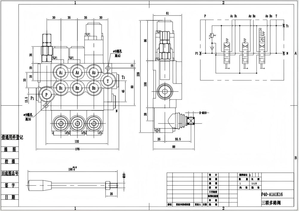 P40-G12-G38 Ruční Šoupátko 3 Monoblokový směrový ventil drawing image