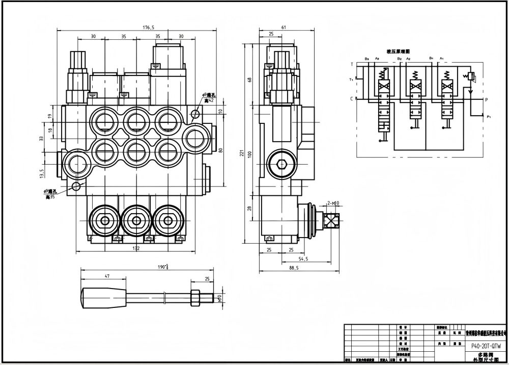 P40-G12-G38-OT-OT-QTW Ruční Šoupátko 3 Monoblokový směrový ventil drawing image