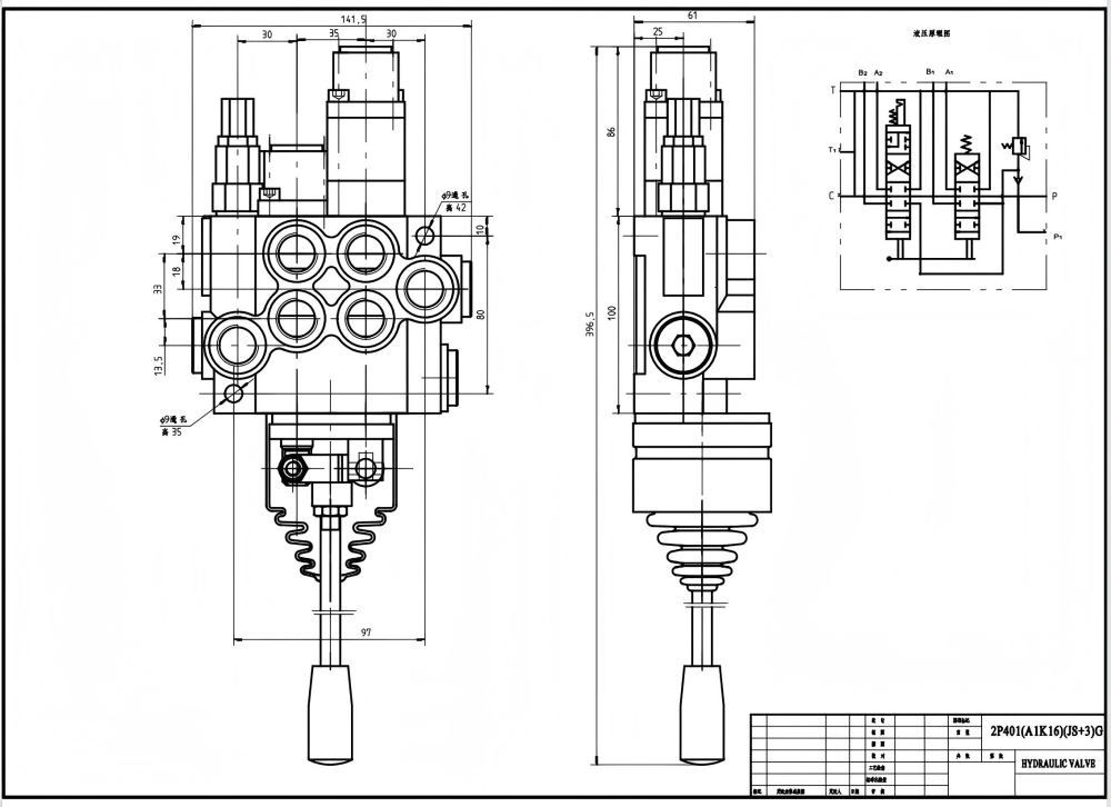 P40-G12-G38-OT-QTW1 Ruční a joystick Šoupátko 2 Monoblokový směrový ventil drawing image