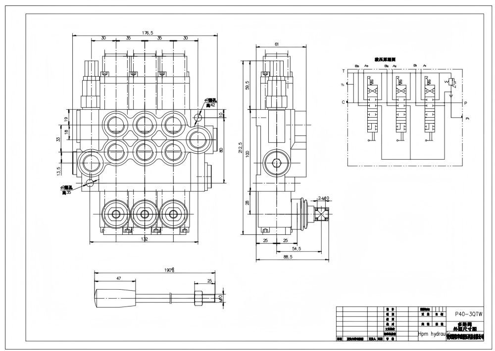P40-G38-G12-QTW Ruční Šoupátko 3 Monoblokový směrový ventil drawing image