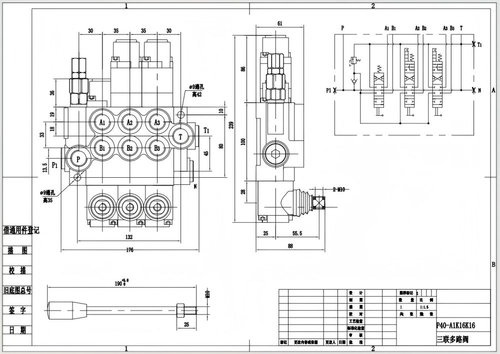 P40-G12-G38-OT-2QTW1 Ruční Šoupátko 3 Monoblokový směrový ventil drawing image